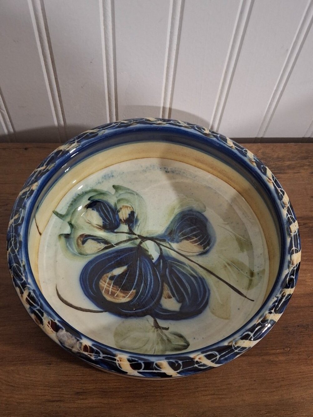 Alcea Pottery Fait Main Ceramique Earthware 8" Bowl Blue Floral Fig France